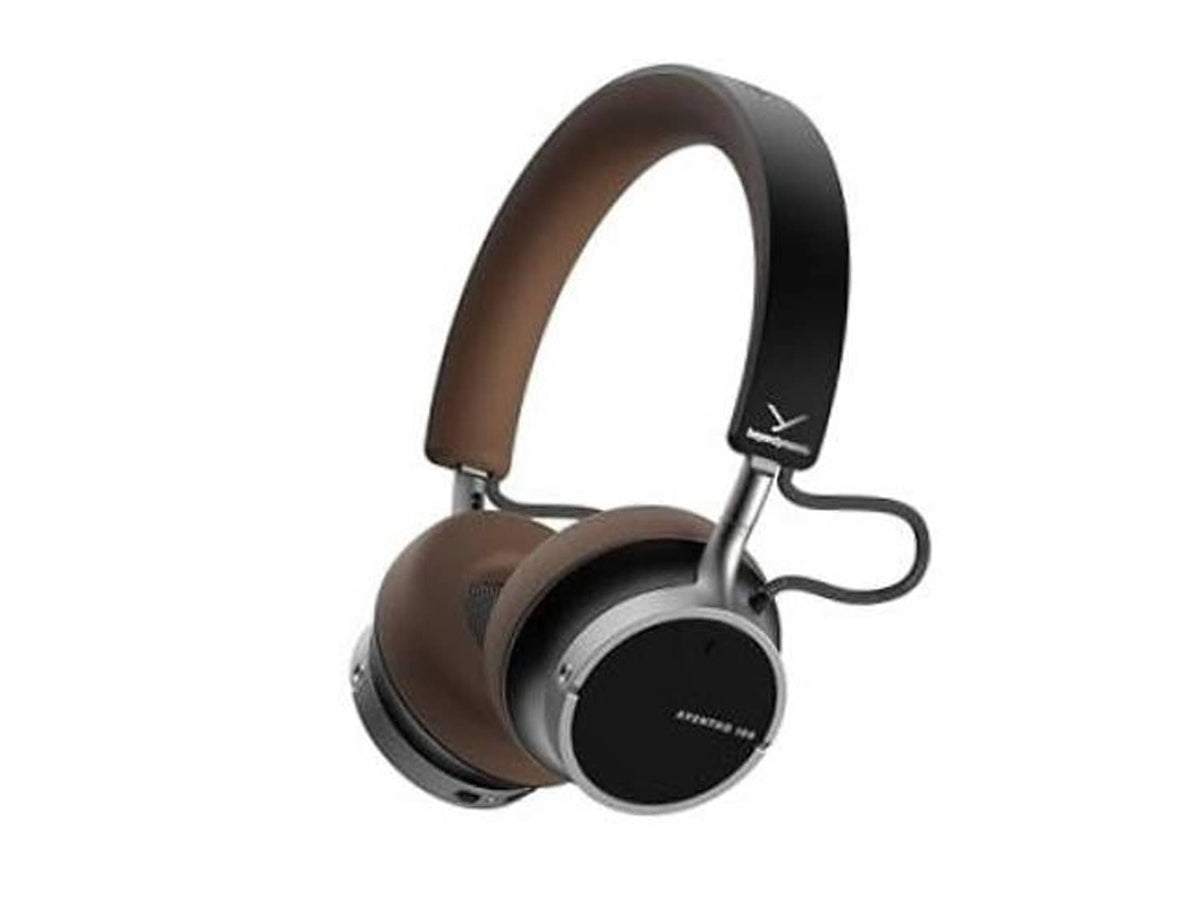 Brown and black on-ear wireless Bluetooth headphones with padded headband and ear cups