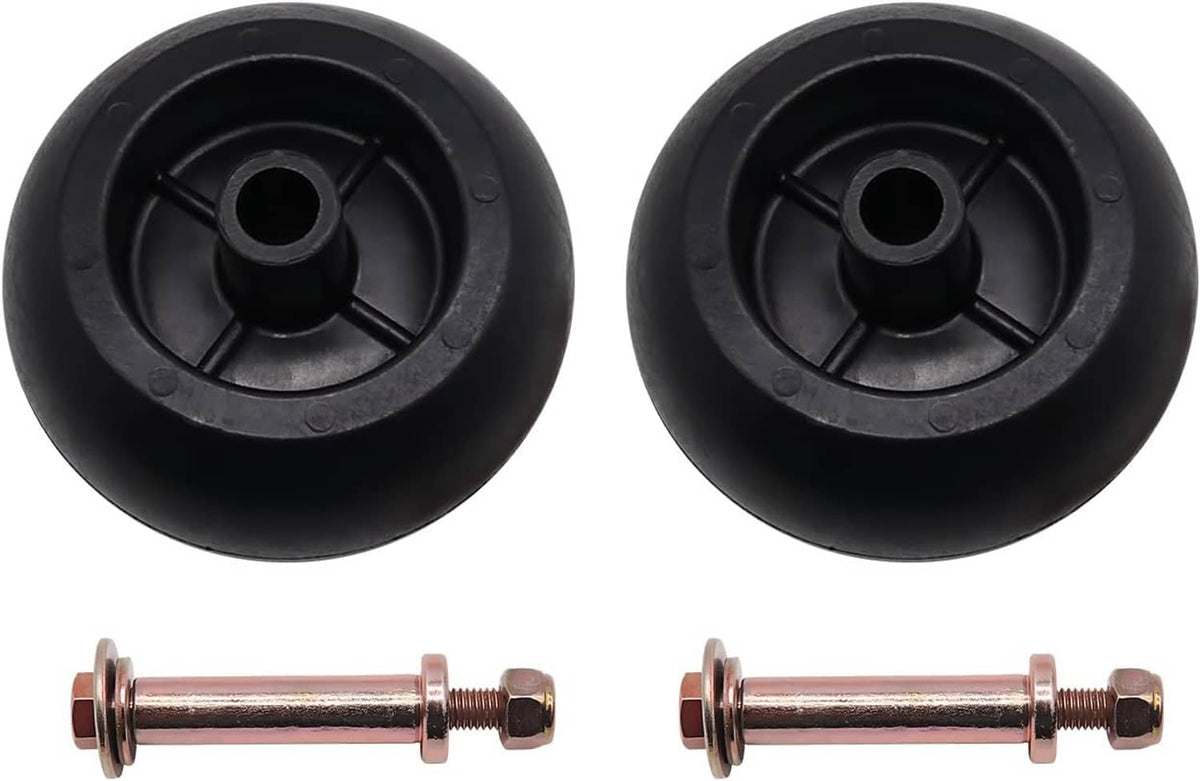 Anti-scalp deck wheel kit with two black wheels and threaded axle bolts