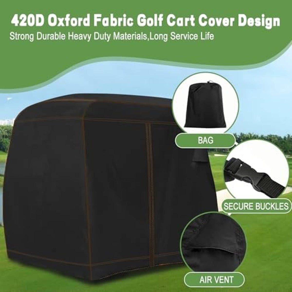 Black 420D oxford golf cart cover with storage bag, secure buckles, air vent