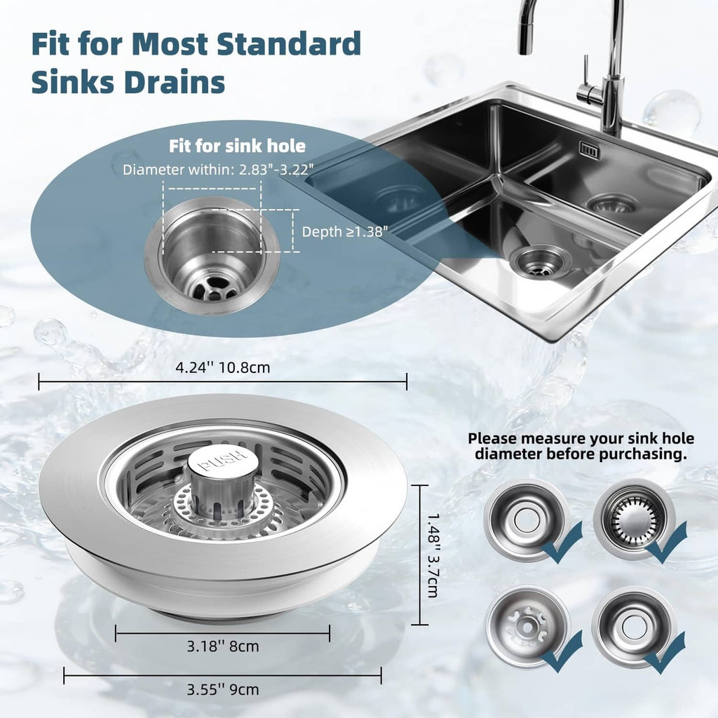 Stainless steel sink drain strainer with pop-up stopper and sizing dimensions