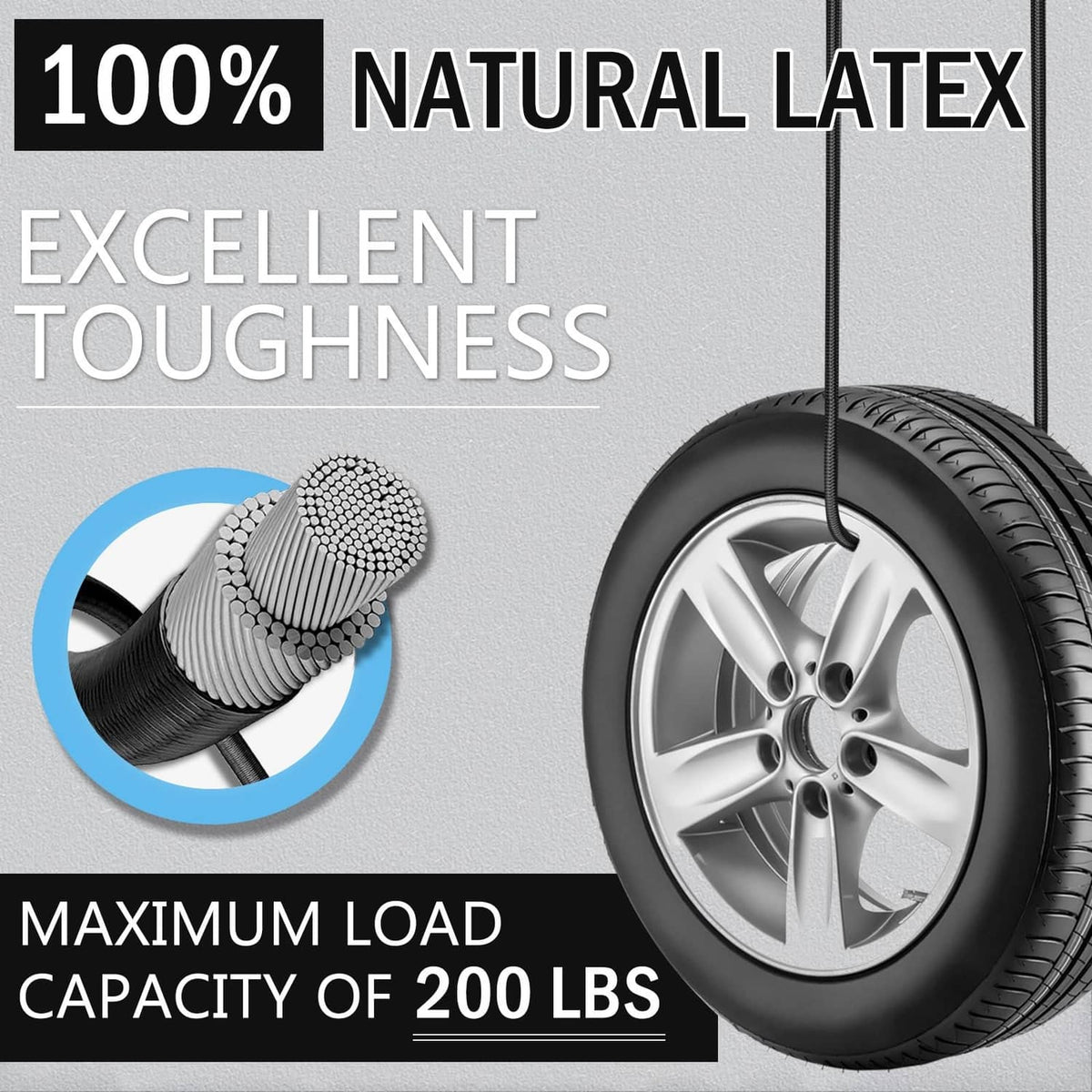 Black bungee cord wrapped around a car tire with a metal hook end