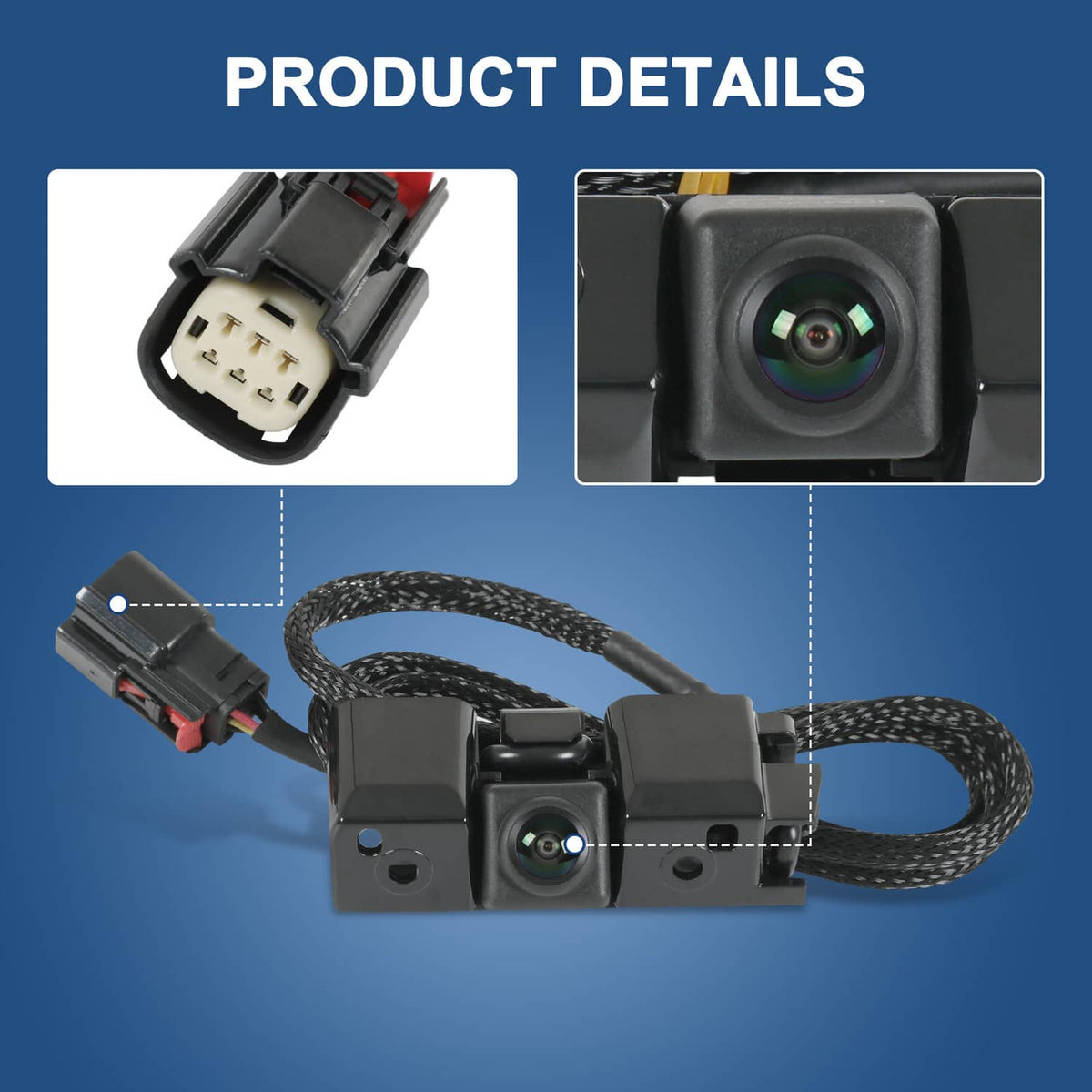Backup camera module with lens and wiring connectors, shown with cable harness