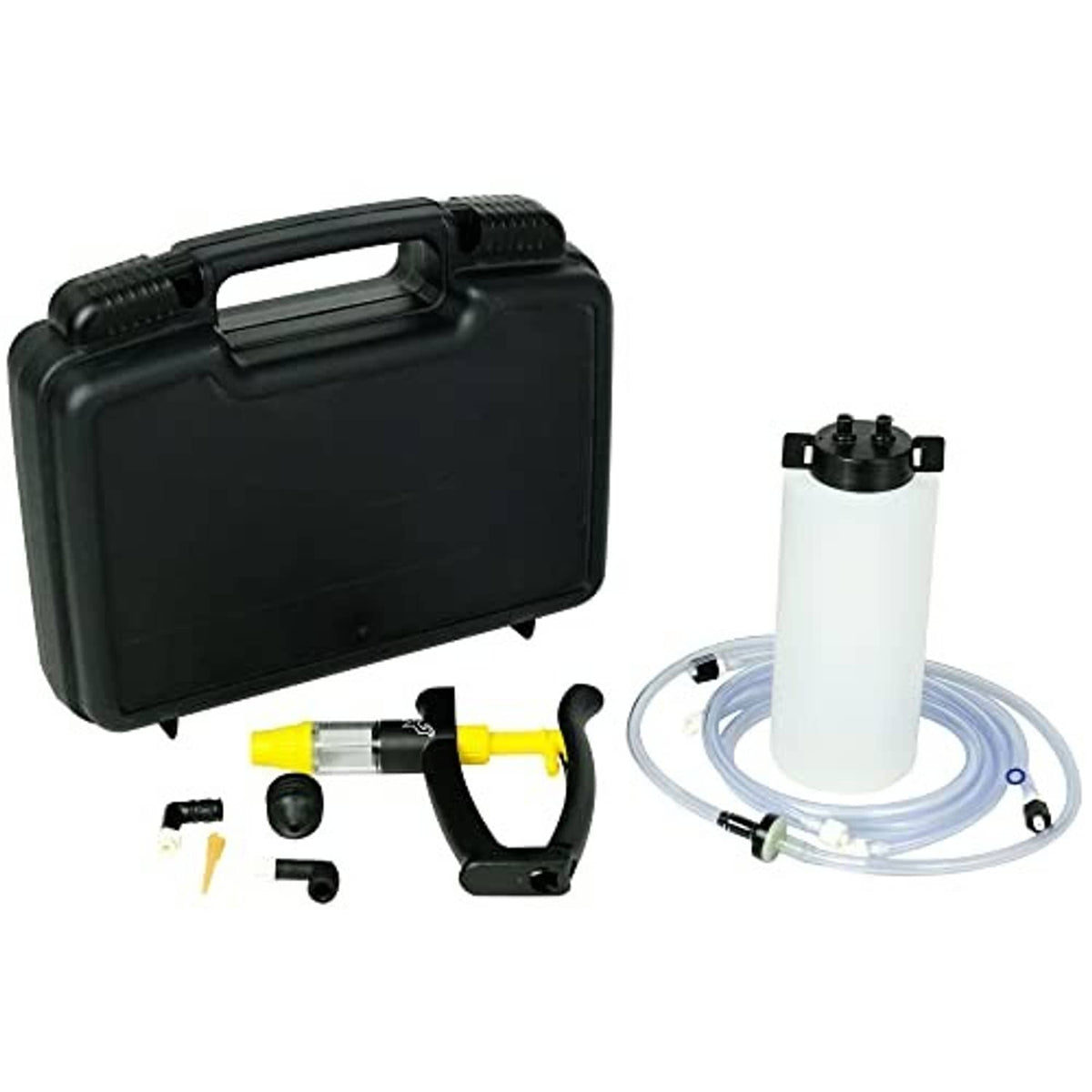 Brake and clutch bleeder kit with black case, yellow pump handle, white bottle, hose