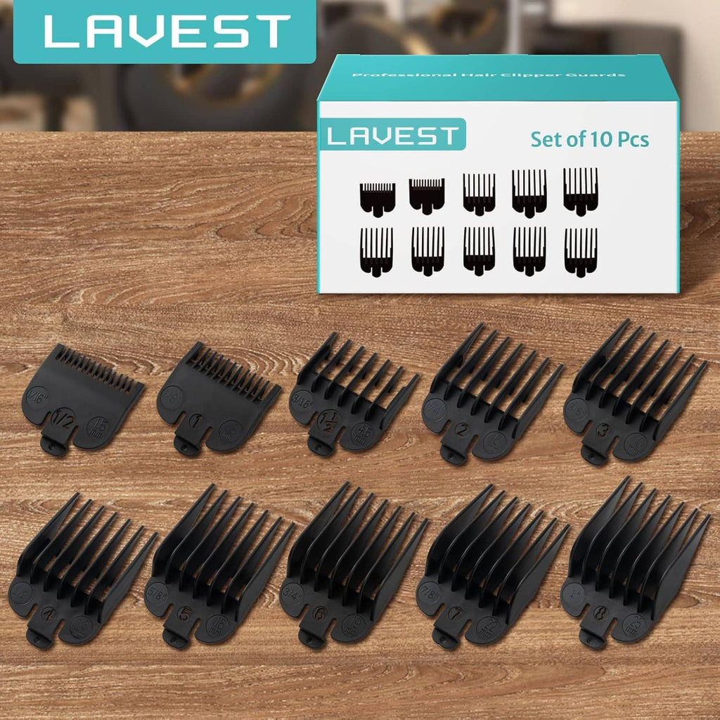 Black clipper guards set with multiple guard sizes, shown laid out with a box