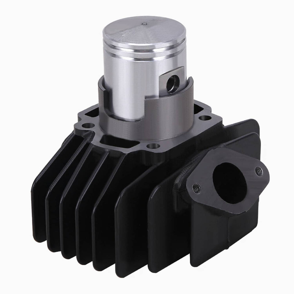 Motorcycle finned cylinder head with piston, shown in a top end kit