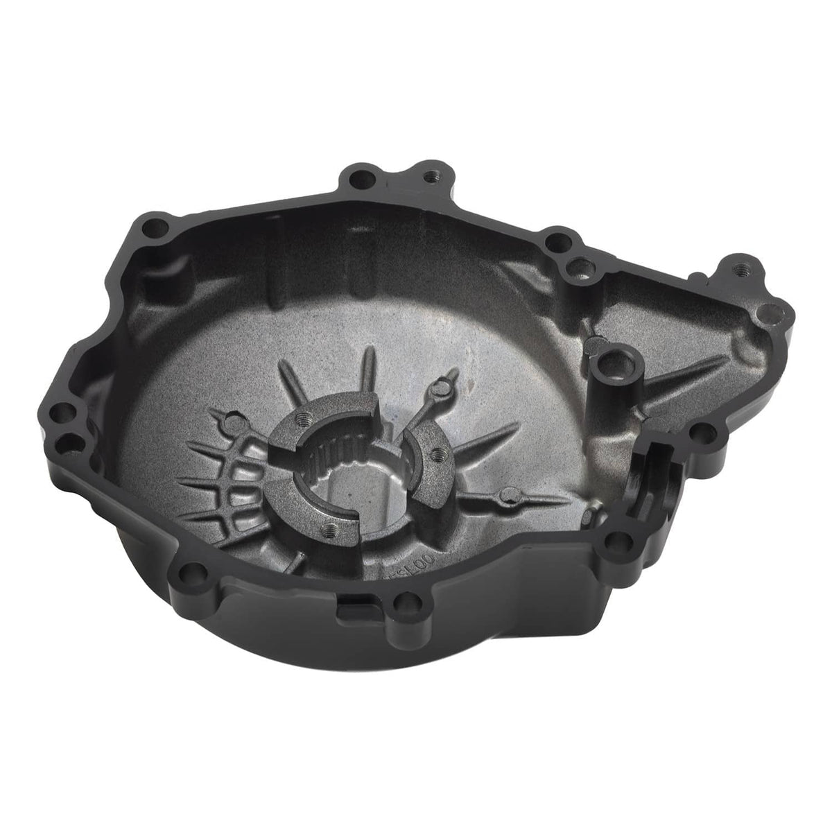 Left engine crankcase stator cover inner side with round opening and mounting bolt holes