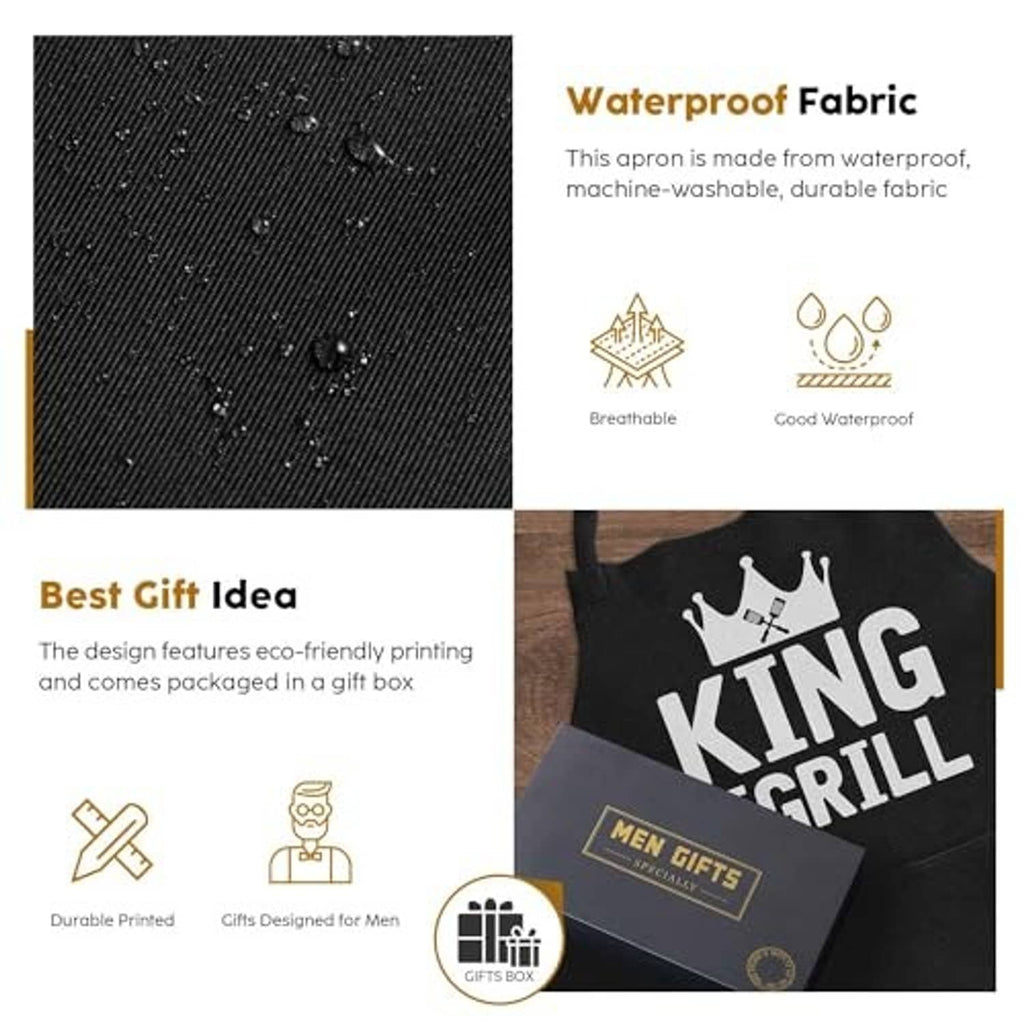 Black textured grilling apron fabric with 'King of the Grill' print and crown graphic