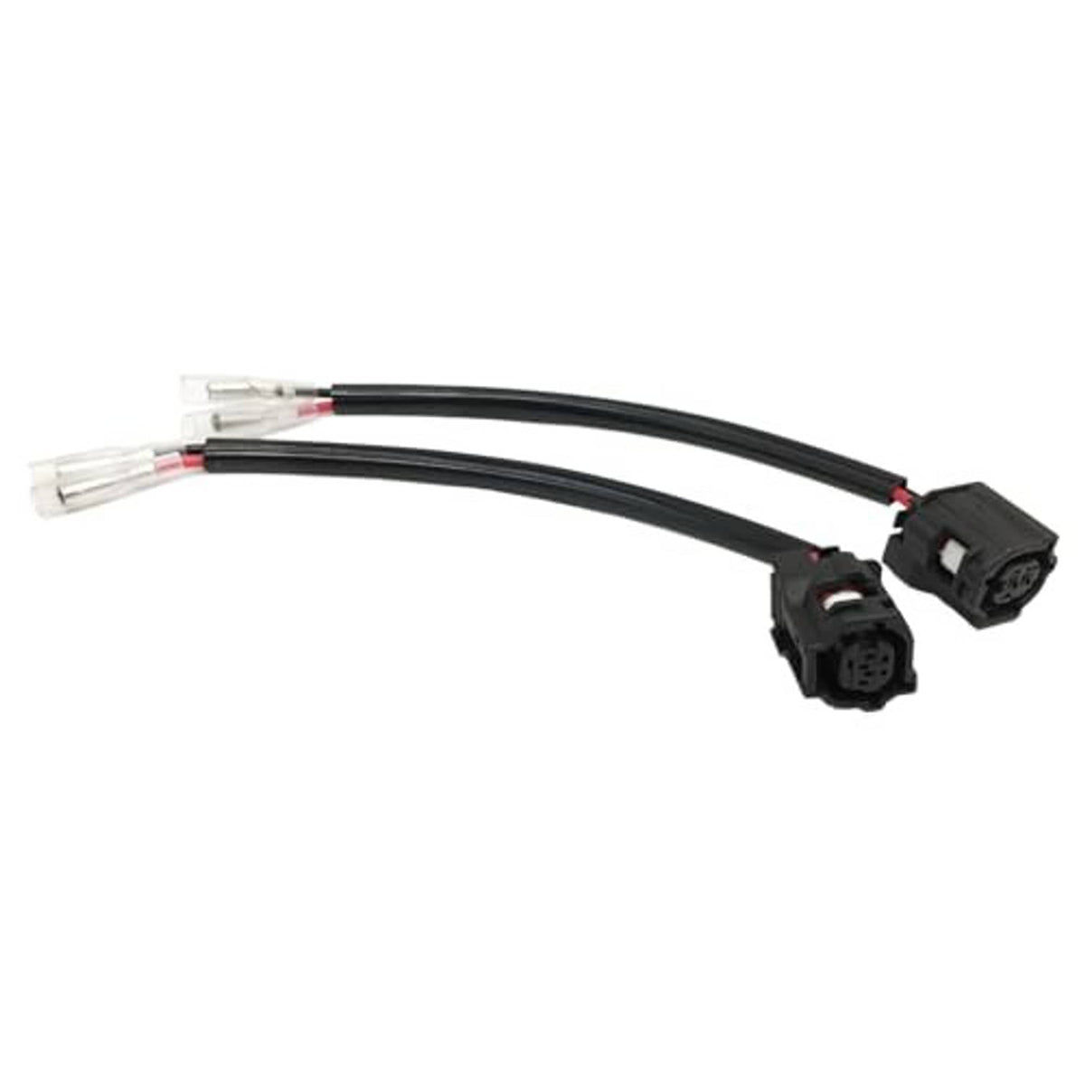 Motorcycle light line wiring harness with two black connector plugs and exposed wire ends