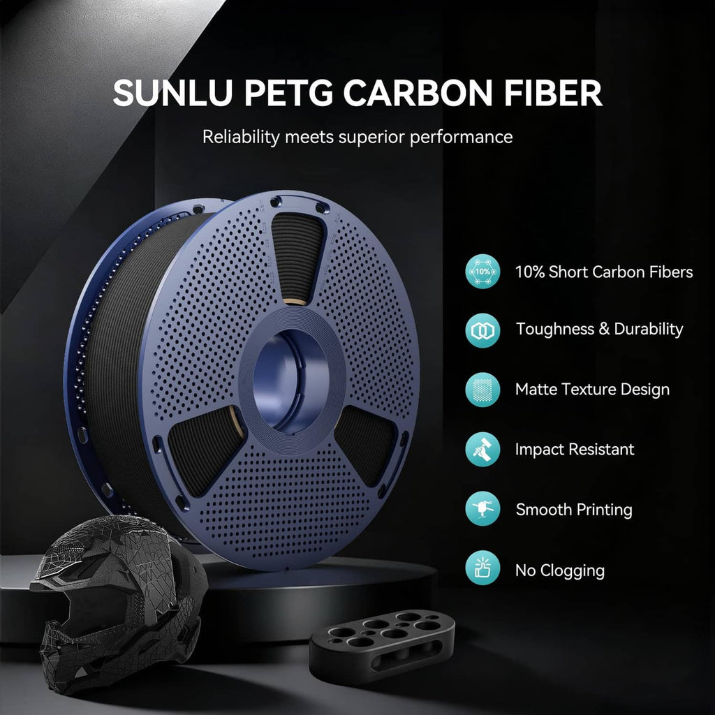 PETG carbon fiber filament spool with black filament wound on perforated blue disc