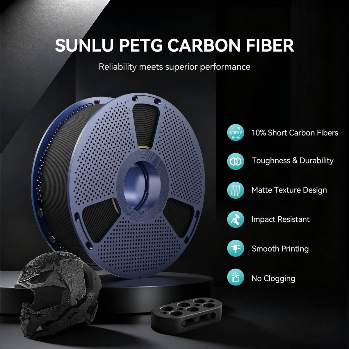 PETG carbon fiber filament spool with black filament wound on perforated blue disc