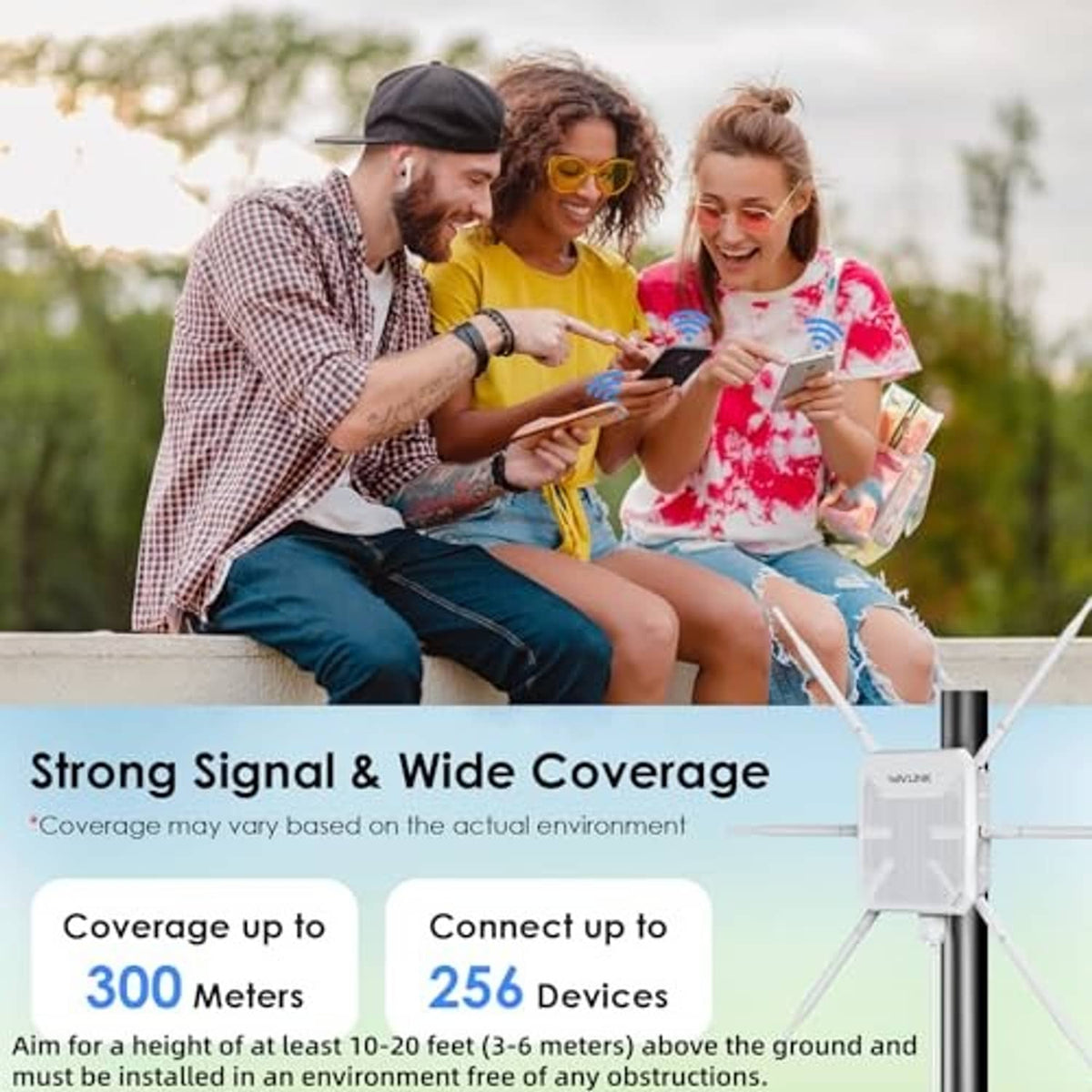 White Wi‑Fi extender on outdoor pole beside patio area, four antennas