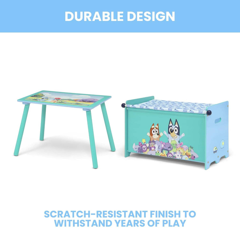 Bluey play table and toy box set with teal frames and character artwork on front