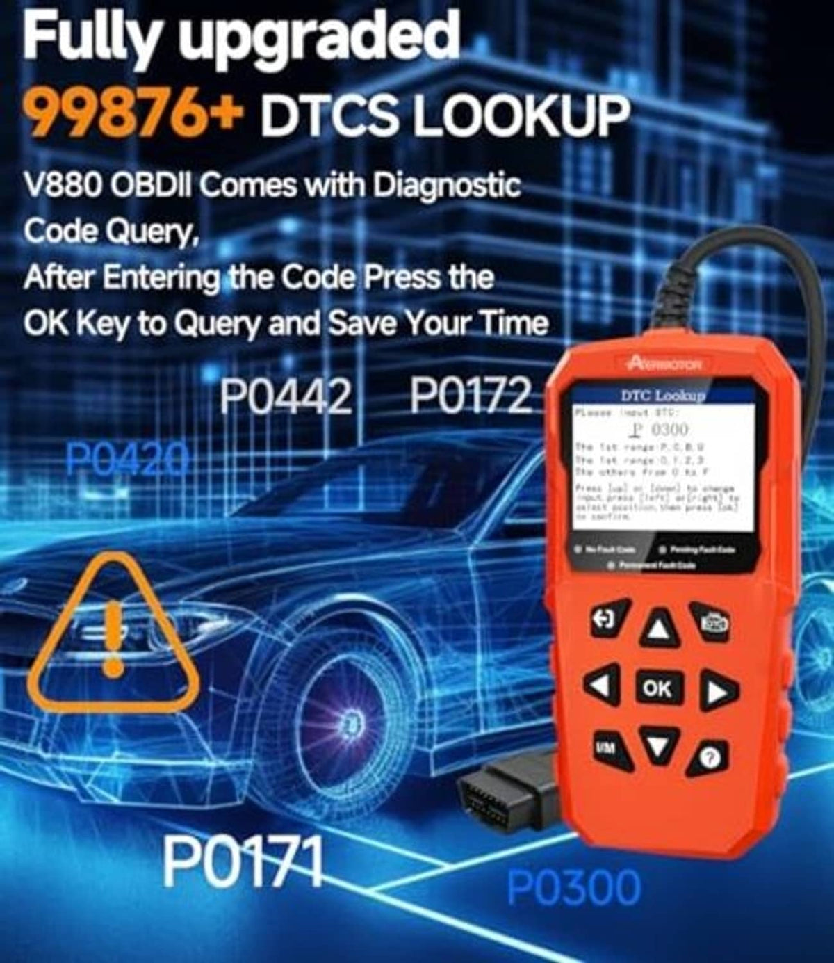 Orange V880 OBD2 scanner with screen and keypad, OBDII connector cable at bottom