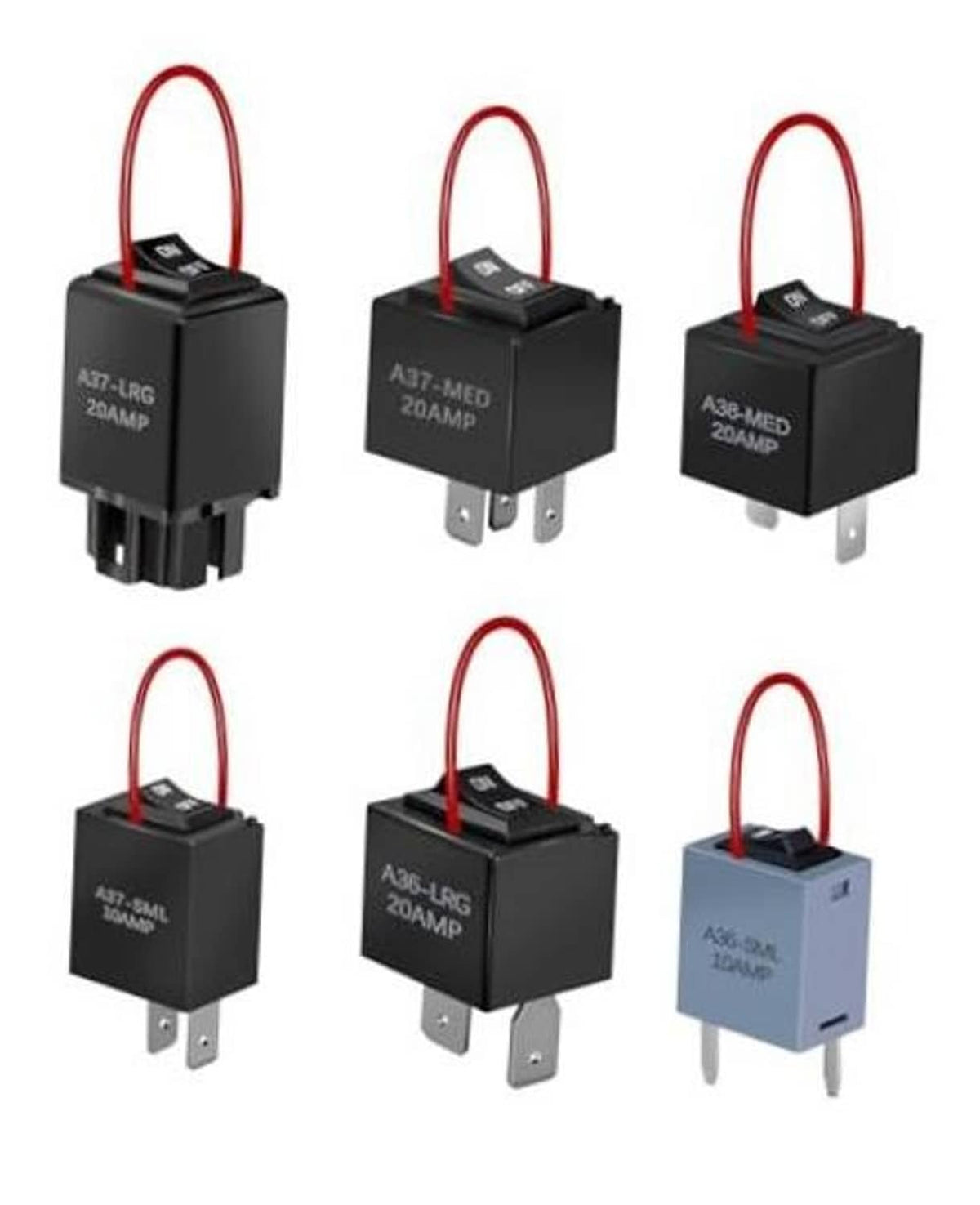 Black relay bypass switch kit, two-pin terminals with red wire lead, three sizes shown