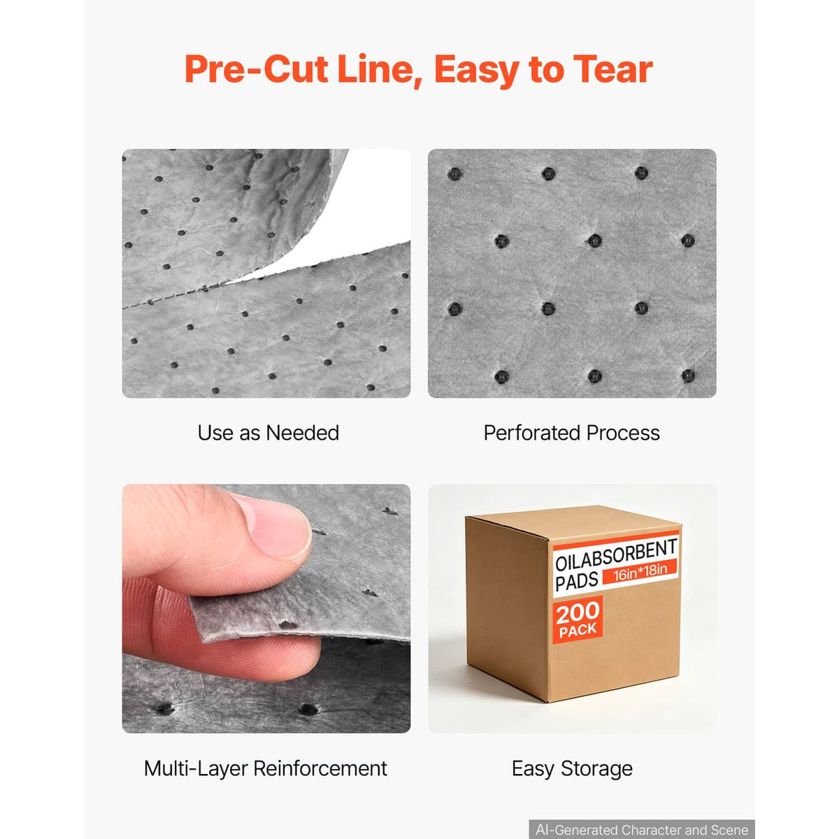 Perforated gray oil absorbent pad sheets with dotted pattern for easy tearing and use