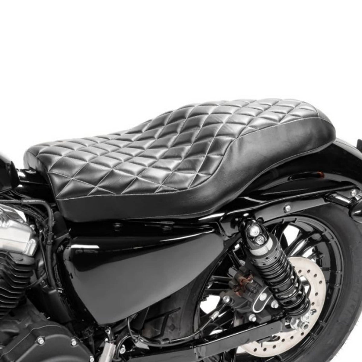 Black two-up motorcycle seat with diamond-quilt stitching and white piping