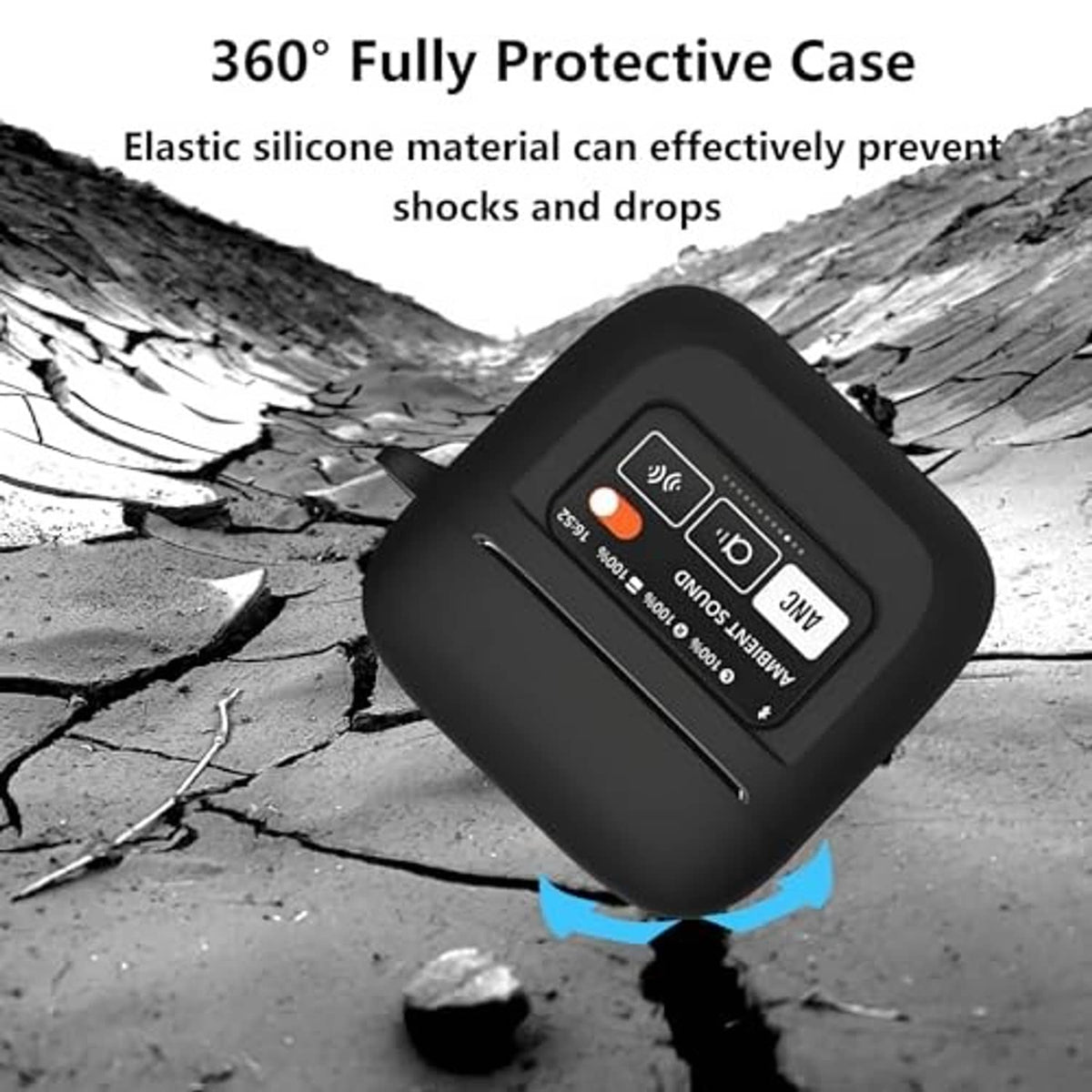Black protective earbuds charging case with raised screen area and 360° rounded design