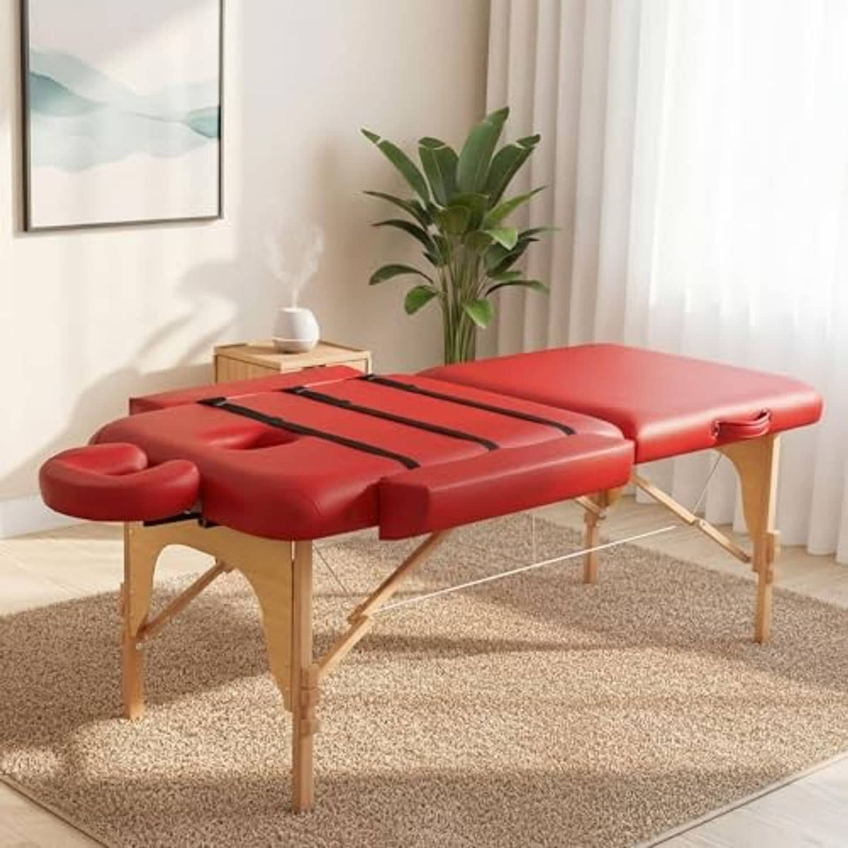 Red padded massage table arm rest bolsters on wooden frame with black strap attachments