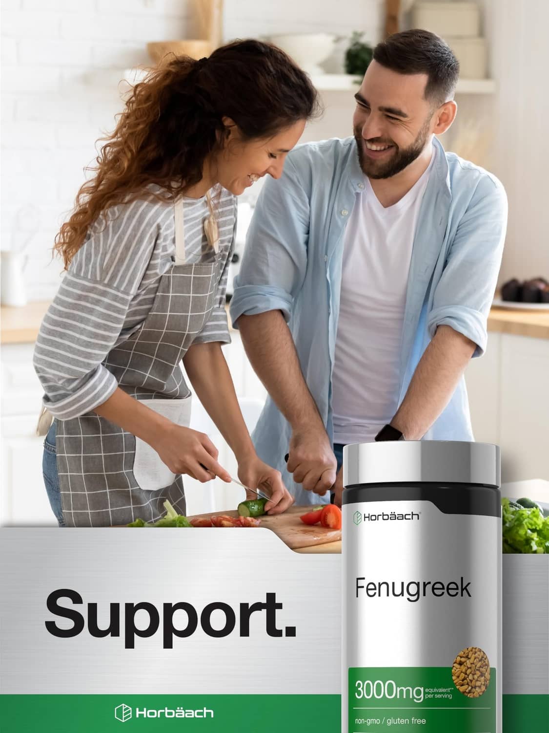 Fenugreek supplement bottle on table during meal prep, 3000mg, 150 capsules