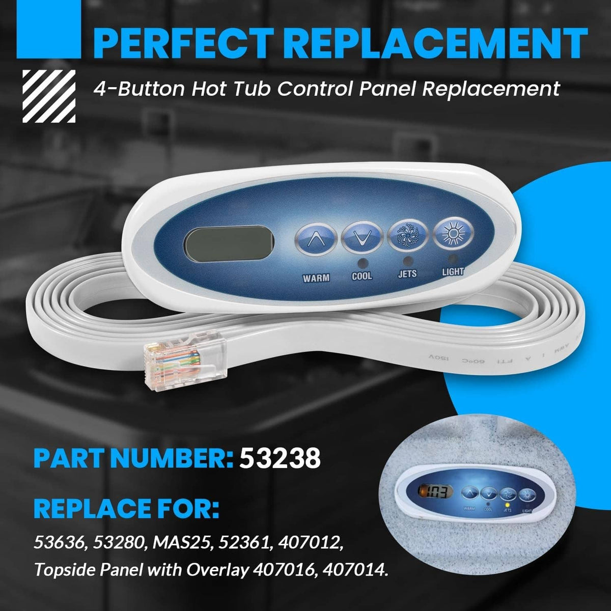 4-button hot tub topside control panel replacement with LCD and attached cord