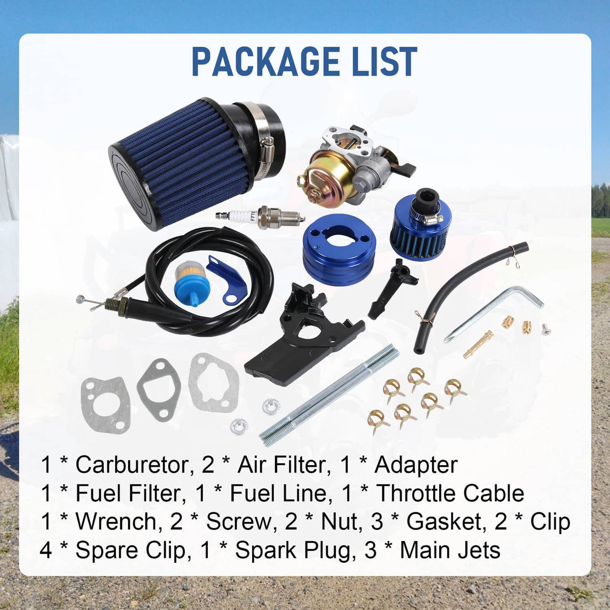 Carburetor air filter adapter kit package with blue filter, carb parts, hoses, clamps