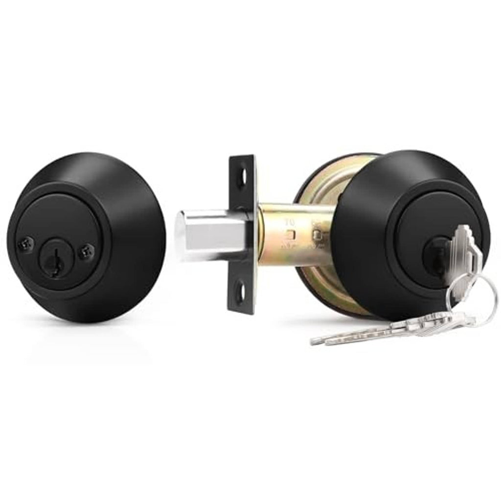 Black round double cylinder deadbolt with double-sided knobs, keys, and latch plate