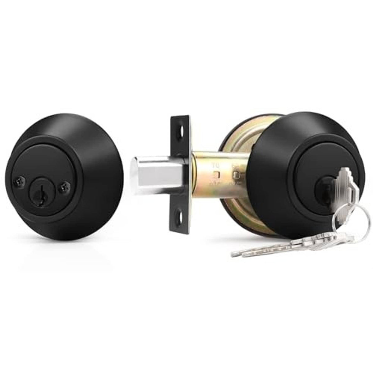 Black round double cylinder deadbolt with double-sided knobs, keys, and latch plate