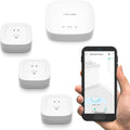 Smart home hub with white water leak sensors and smartphone app showing leak alert