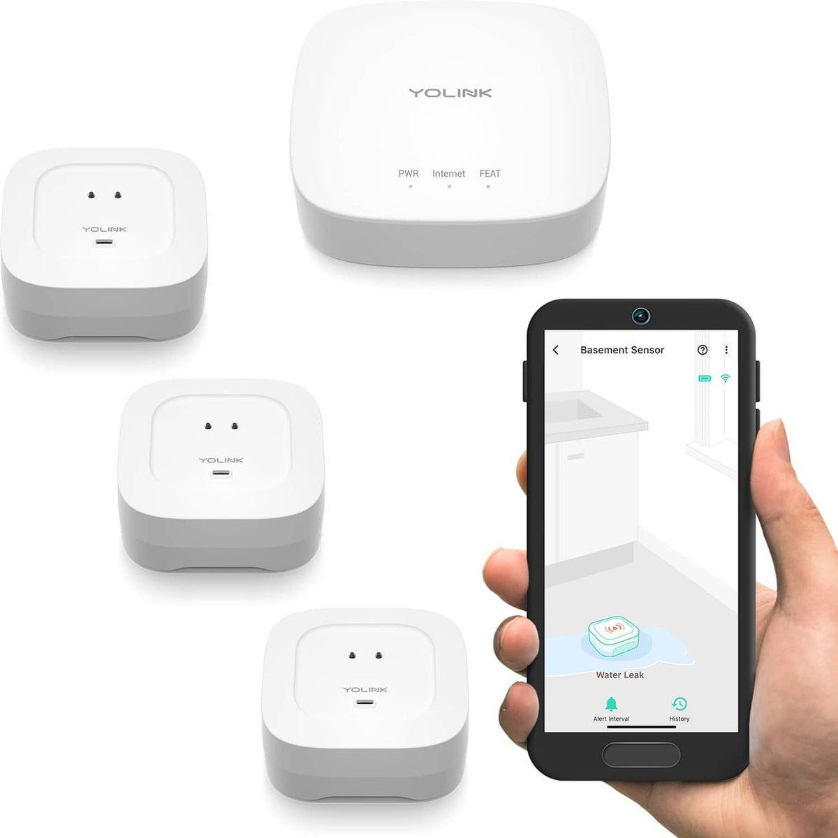 Smart home hub with white water leak sensors and smartphone app showing leak alert