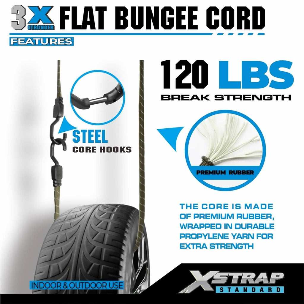 Flat bungee cord with steel core and black core hooks, reflective army green