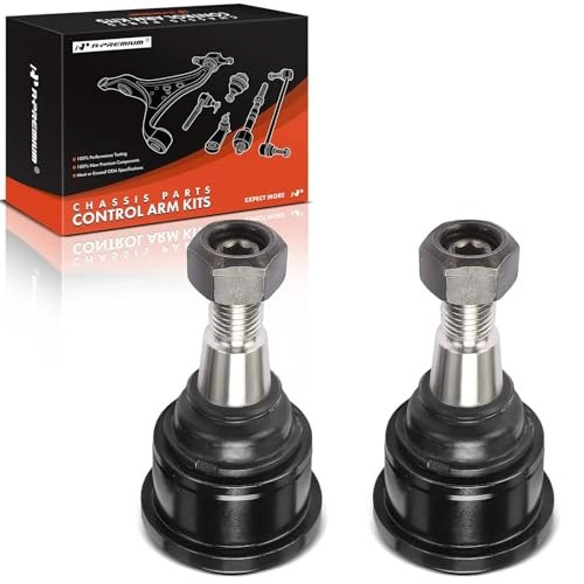 Pair of front upper ball joints with black boots, silver threaded studs, and hex caps