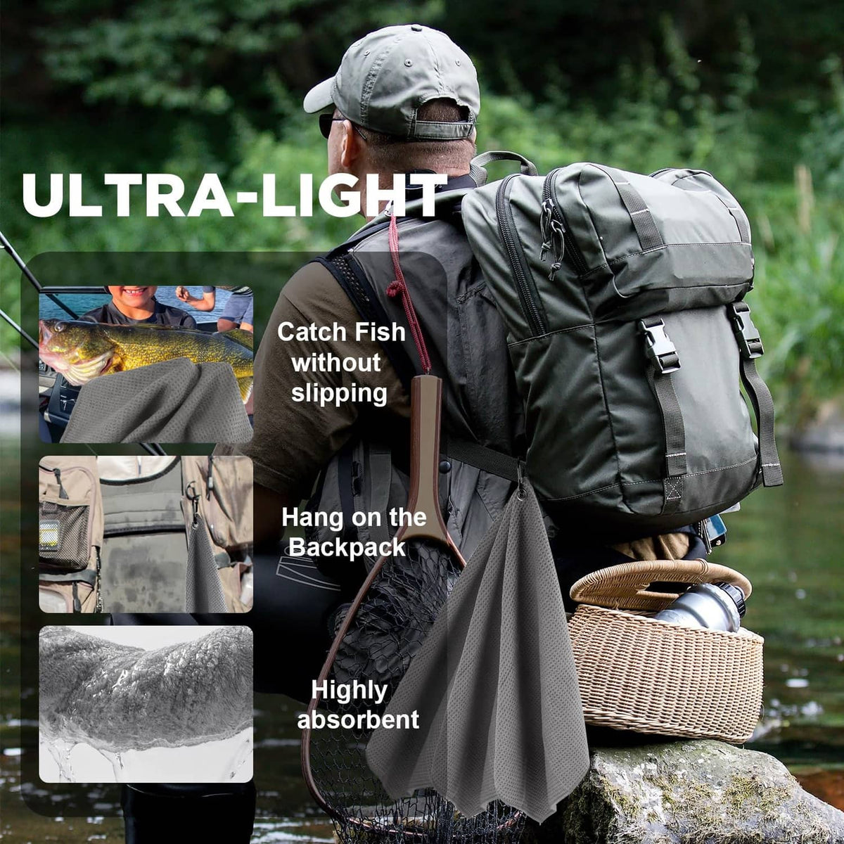 Grey microfiber fishing towel attached to a backpack for hands-free drying