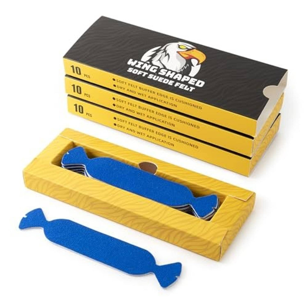Blue wing-shaped felt buffer pads in a yellow foam tray with black-and-yellow box