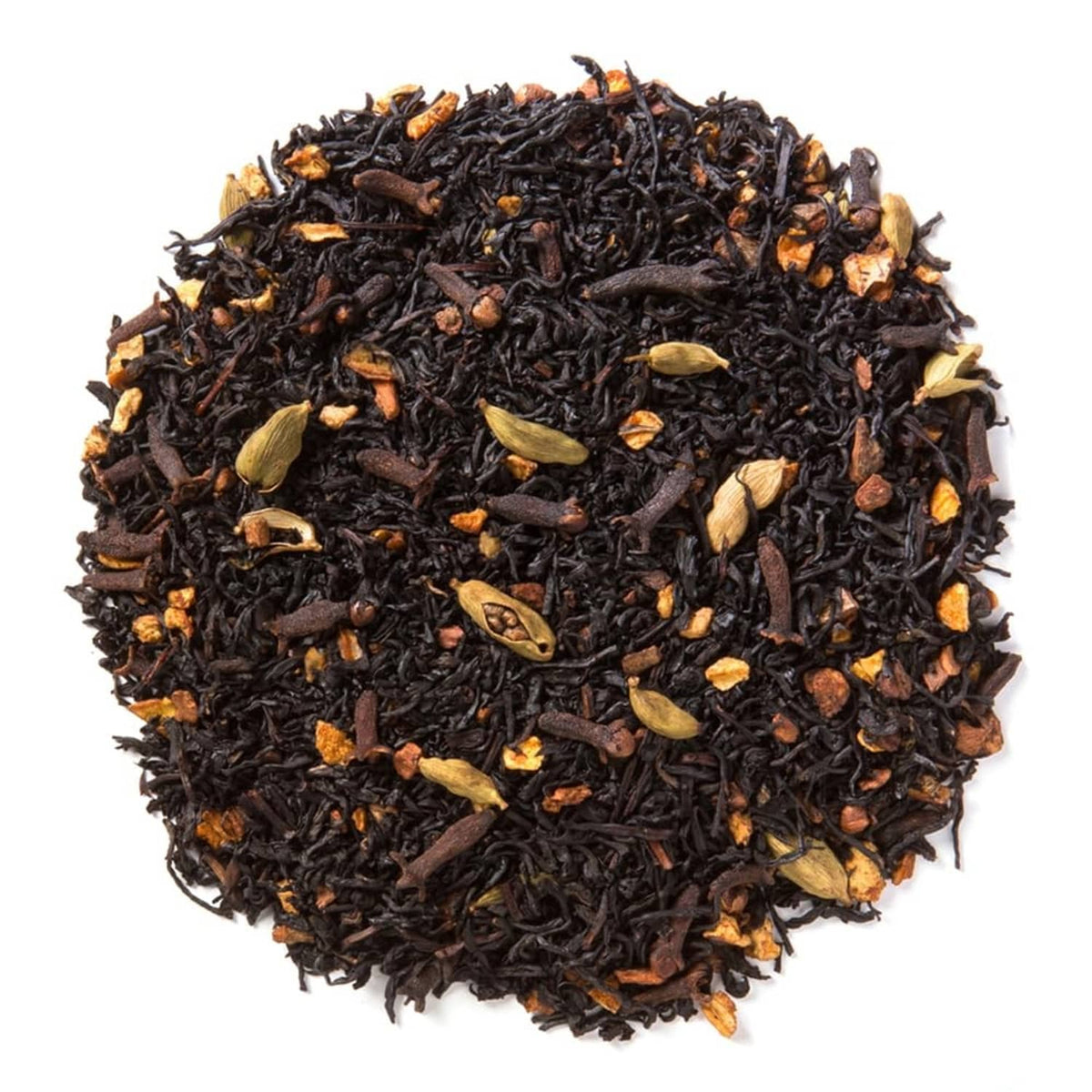 Loose-leaf black chai tea with visible spices and orange peel pieces in a heap