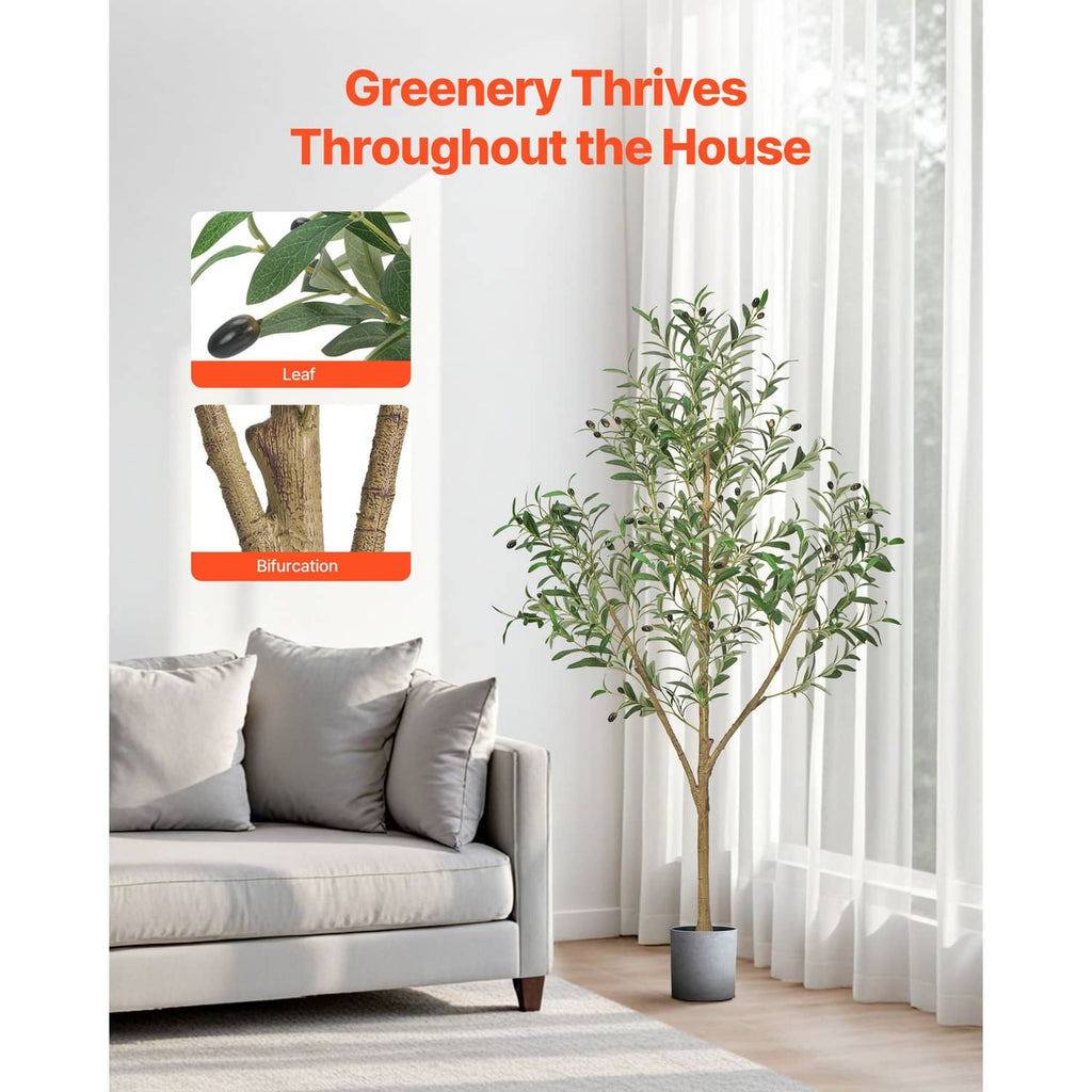 Artificial olive tree with green leaves and brown trunk in black pot
