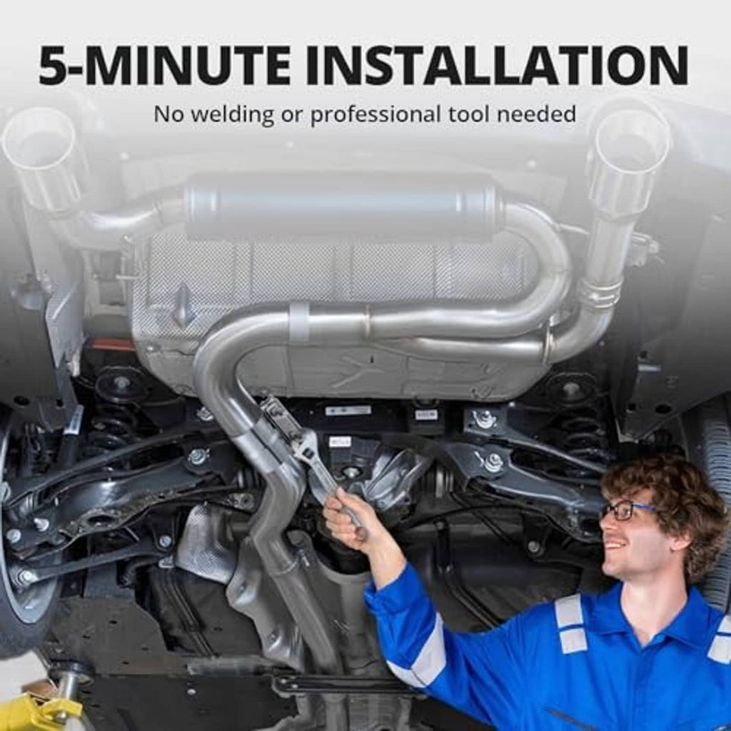 Exhaust clamp sleeve coupler installed on vehicle exhaust pipe with two tightened bolts