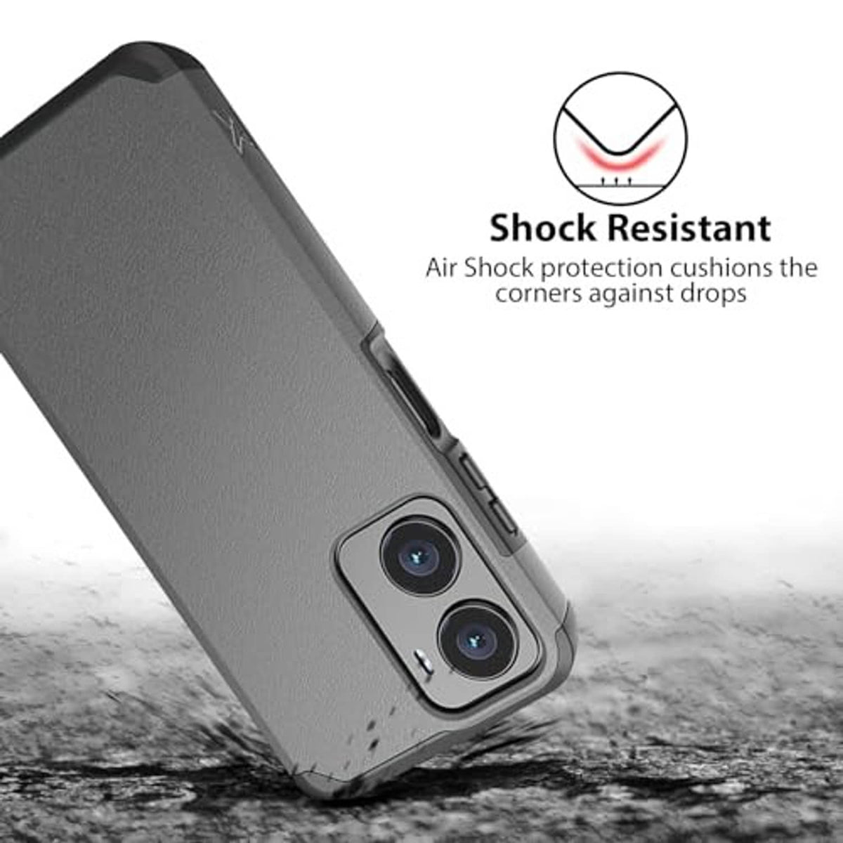 Gray shock-resistant phone case with textured corners and air-cushion protection