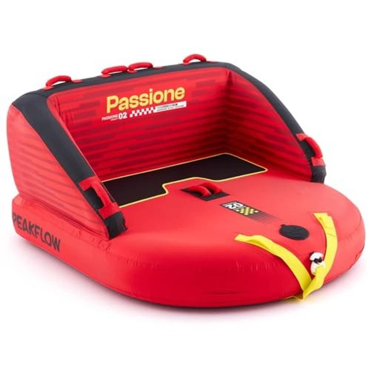 Red Passione towable tube with black rim straps and yellow grab handle