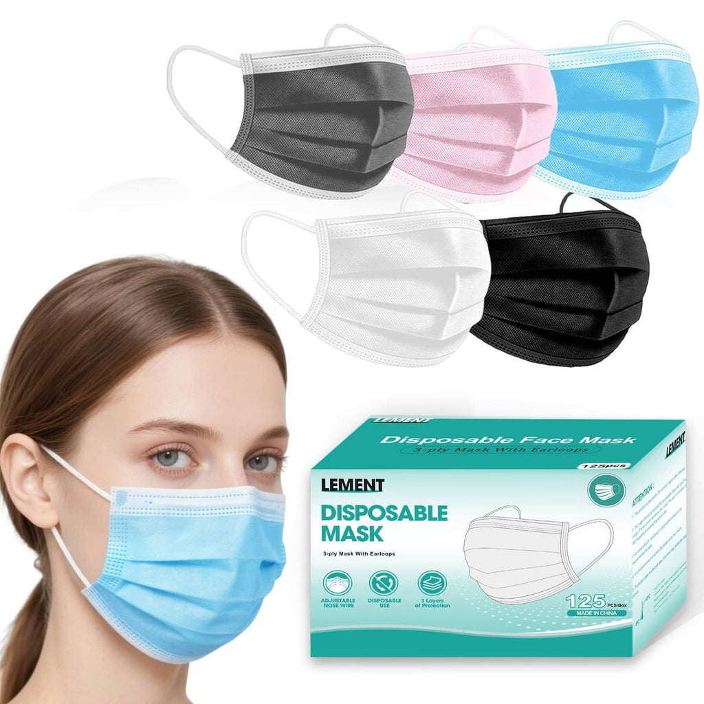 Disposable face masks set with blue, pink, and black colors, adult size.