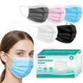 Disposable face masks set with blue, pink, and black colors, adult size.