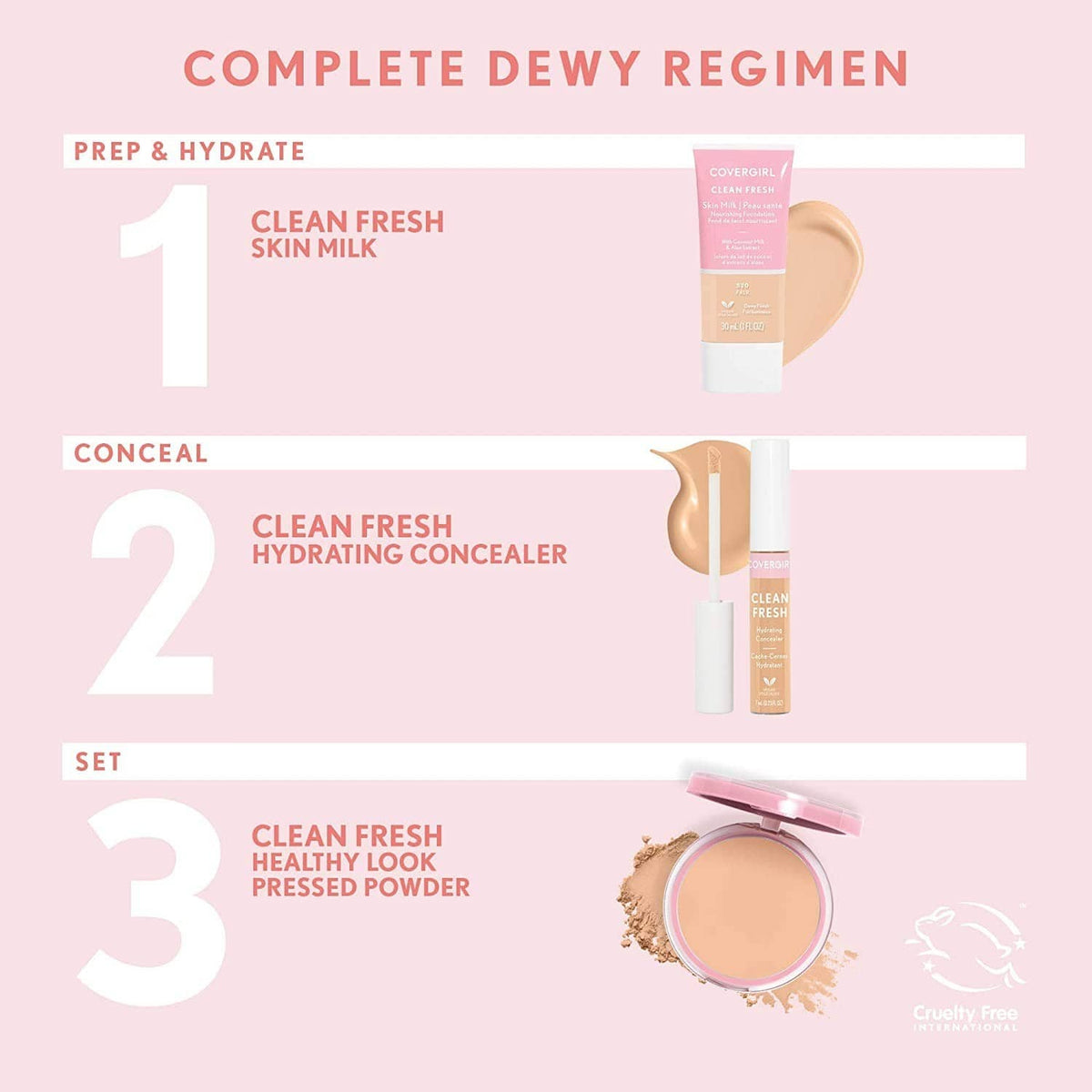 Pressed face powder compact shown in a three-step beauty regimen graphic