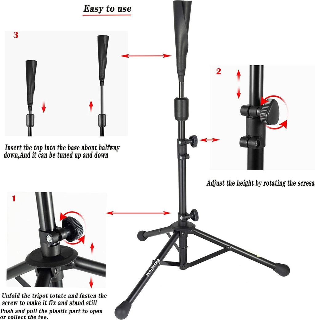 Adjustable baseball tee stand showing height knob and tripod base setup steps.
