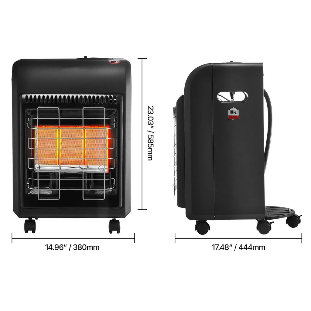 Black propane heater front and side dimensions diagram with caster wheels