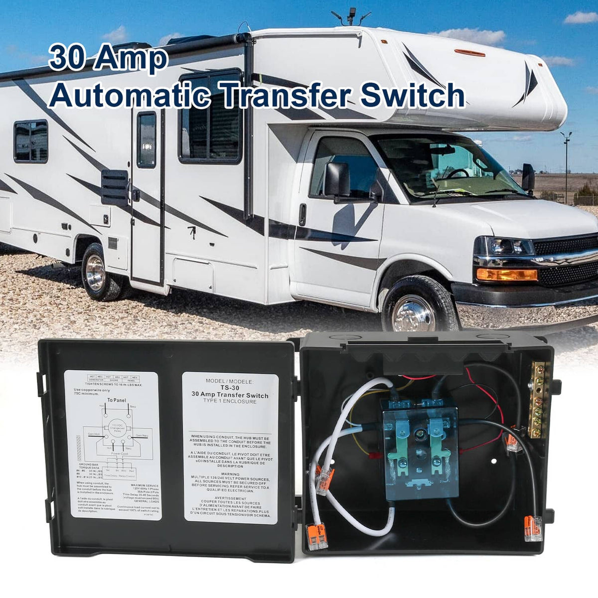 30 amp automatic transfer switch unit with open casing and blue control circuit board