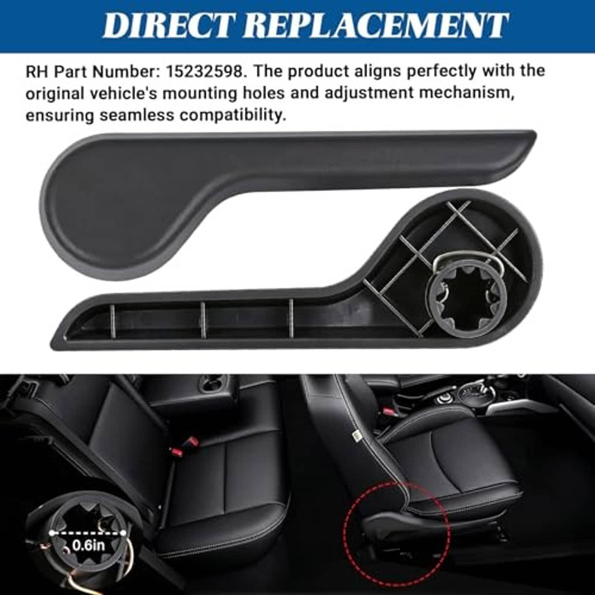Black seat adjustment handle lever with front mounting socket and base