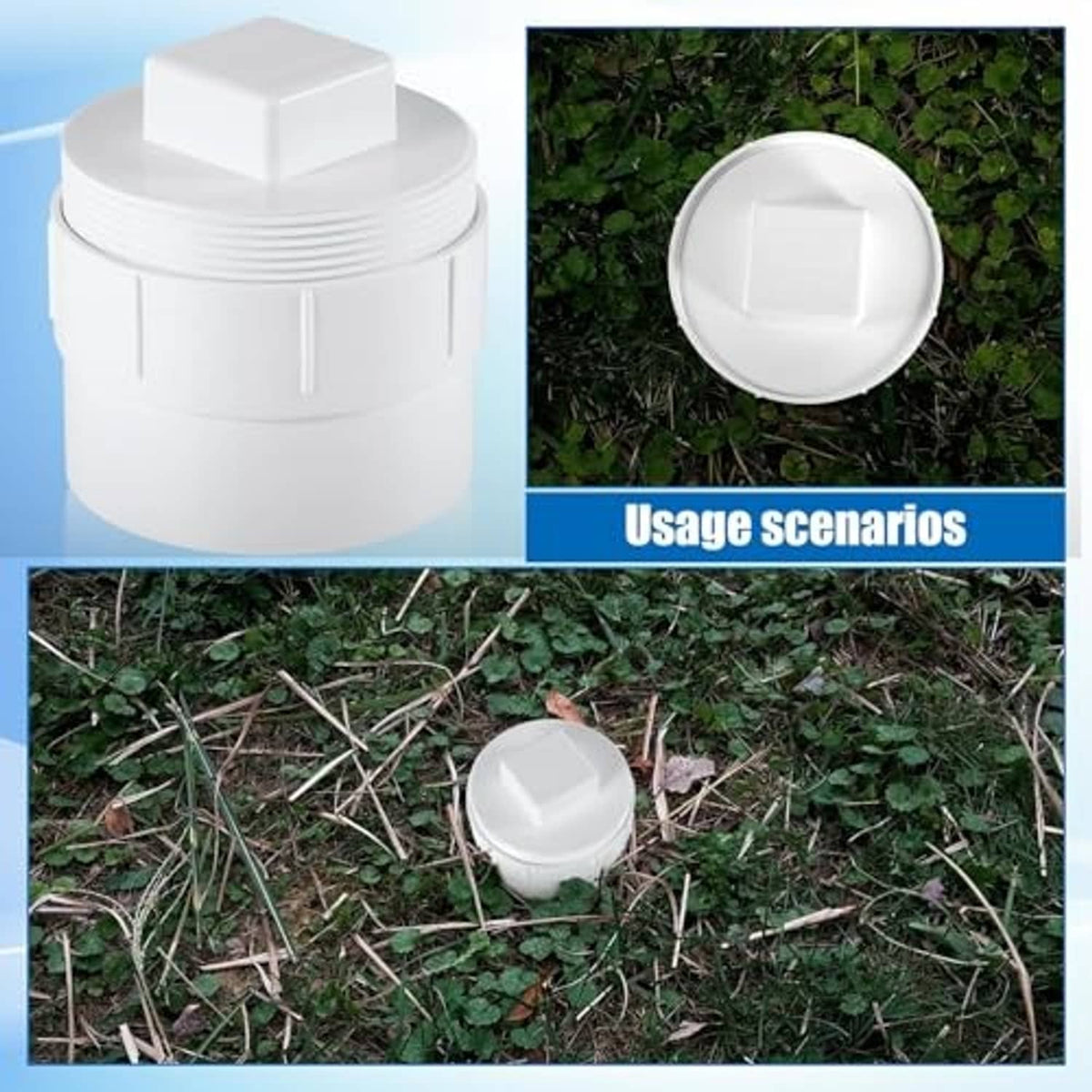 White PVC sewer cleanout adapter with plug cap, angled top view