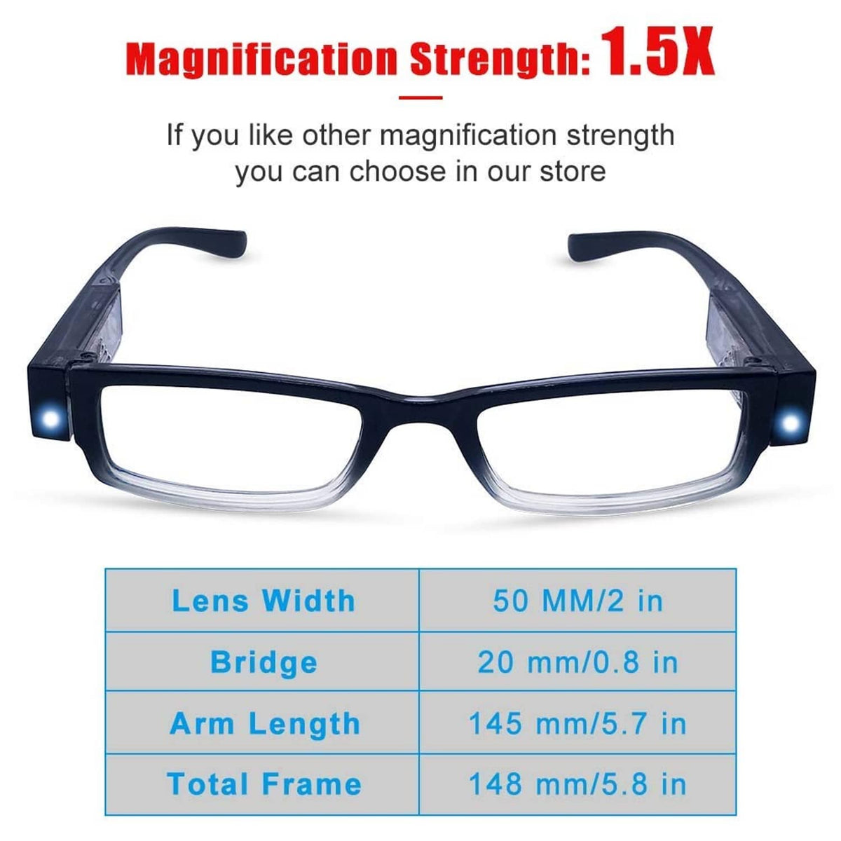 Front view black reading glasses with clear lenses, LED side lights, +1.50 magnification