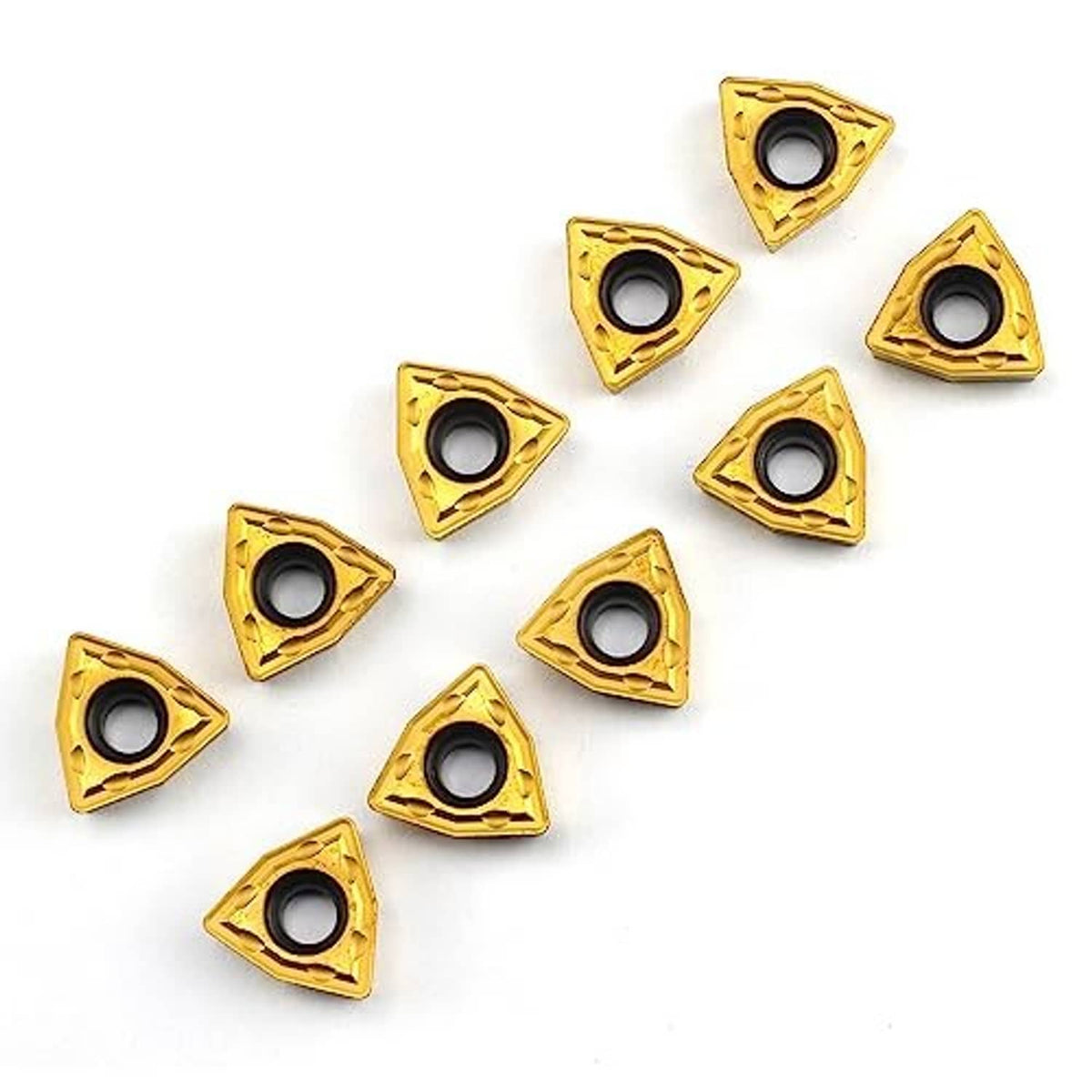 Carbide turning inserts, triangular gold inserts with round hole, mixed orientations
