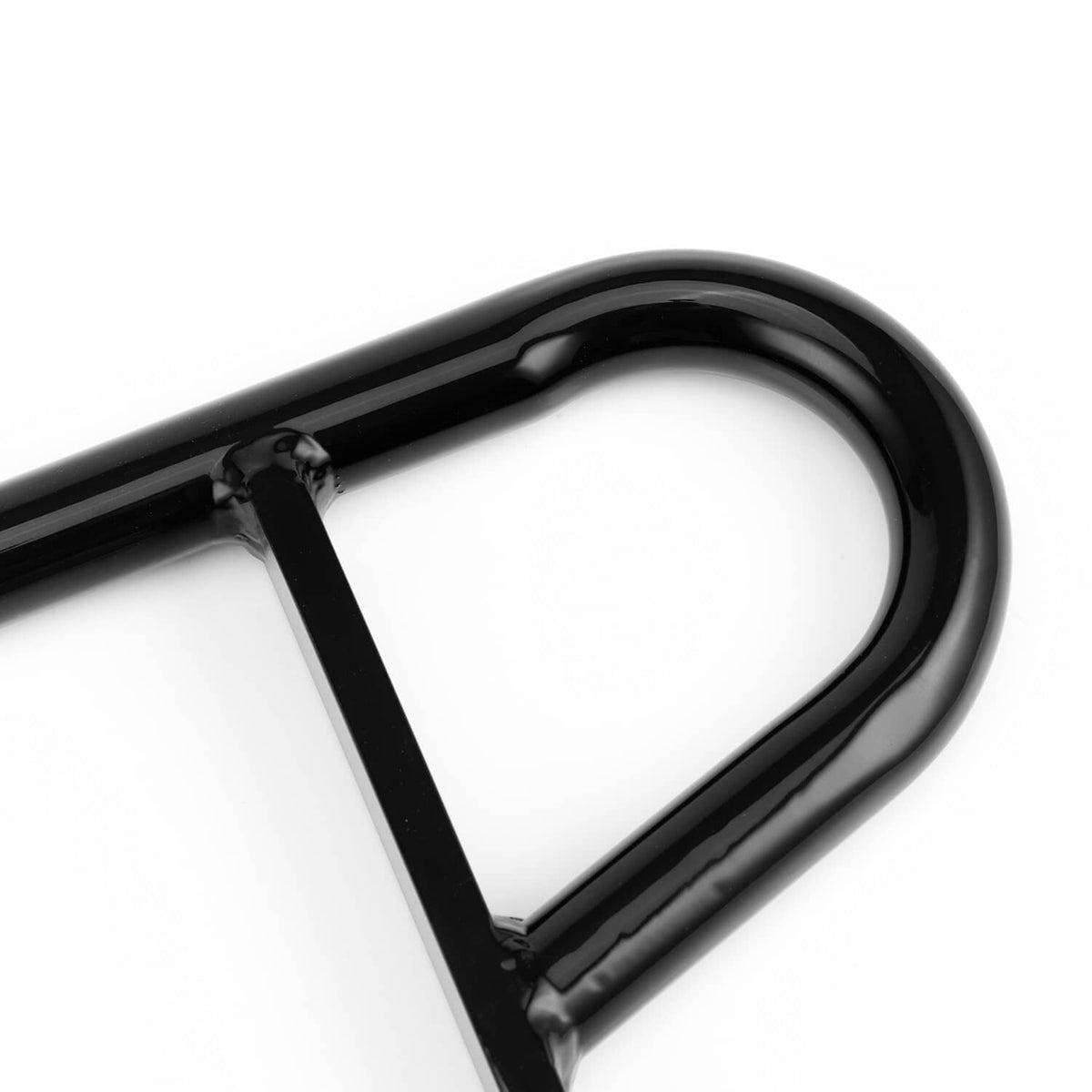 Curved black metal grab bar loop with glossy surface and mounting bracket
