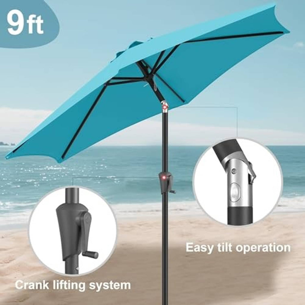 Aqua blue patio table umbrella pole with push-button tilt and open canopy